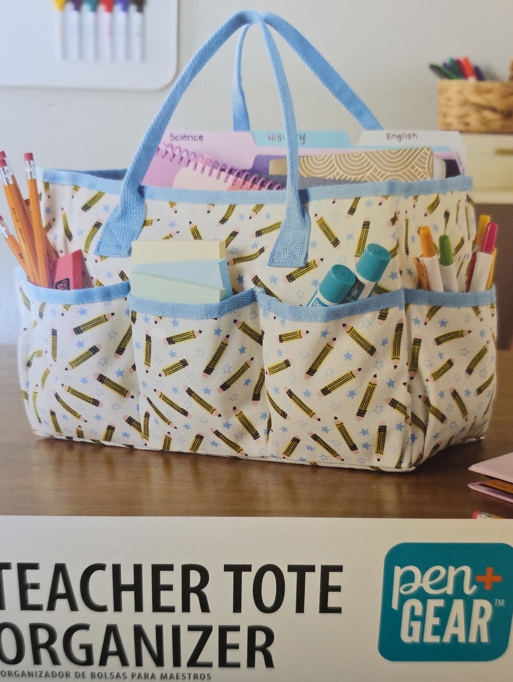 Teacher Tote Organizer in Light Blue Pencil Print
